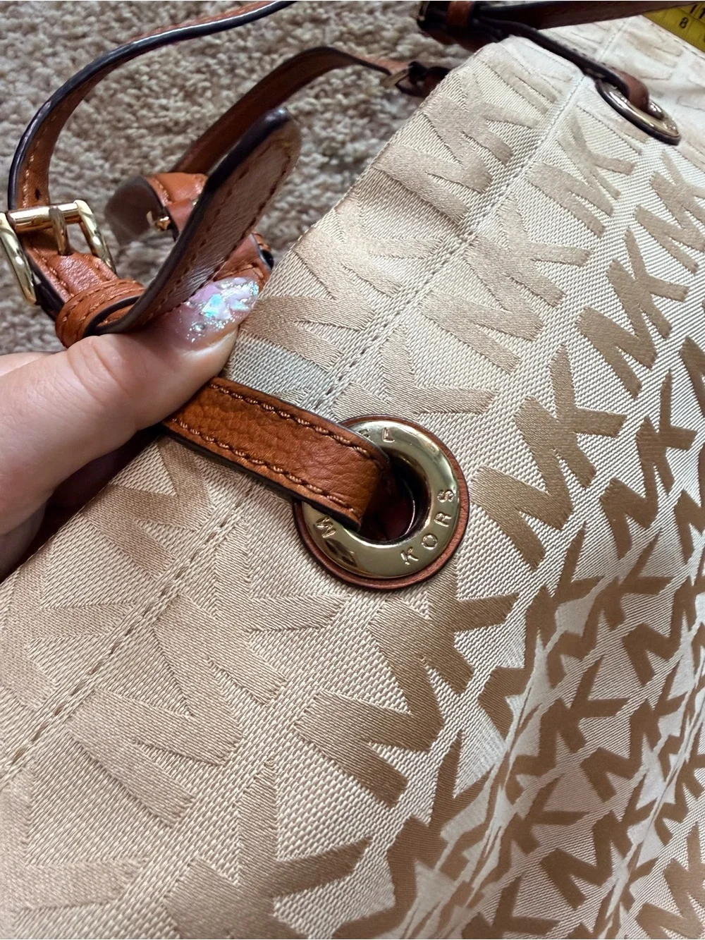 Michael Kors Beige MK Logo Canvas & Leather Tote Bag